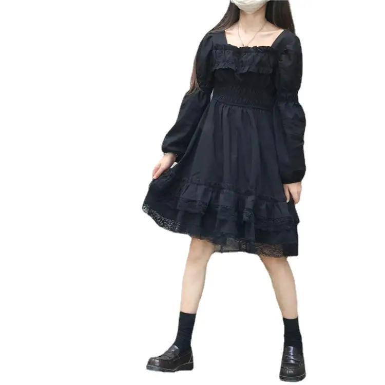Black Lace Puff Sleeve Hepburn Dress for Women - Image 6