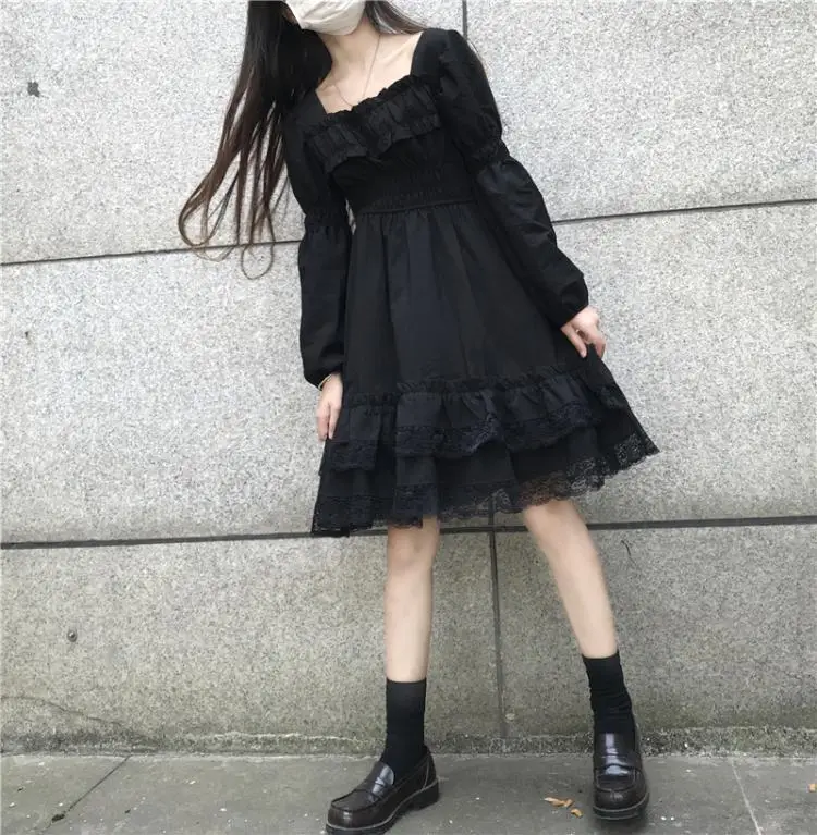 Black Lace Puff Sleeve Hepburn Dress for Women — feature 4
