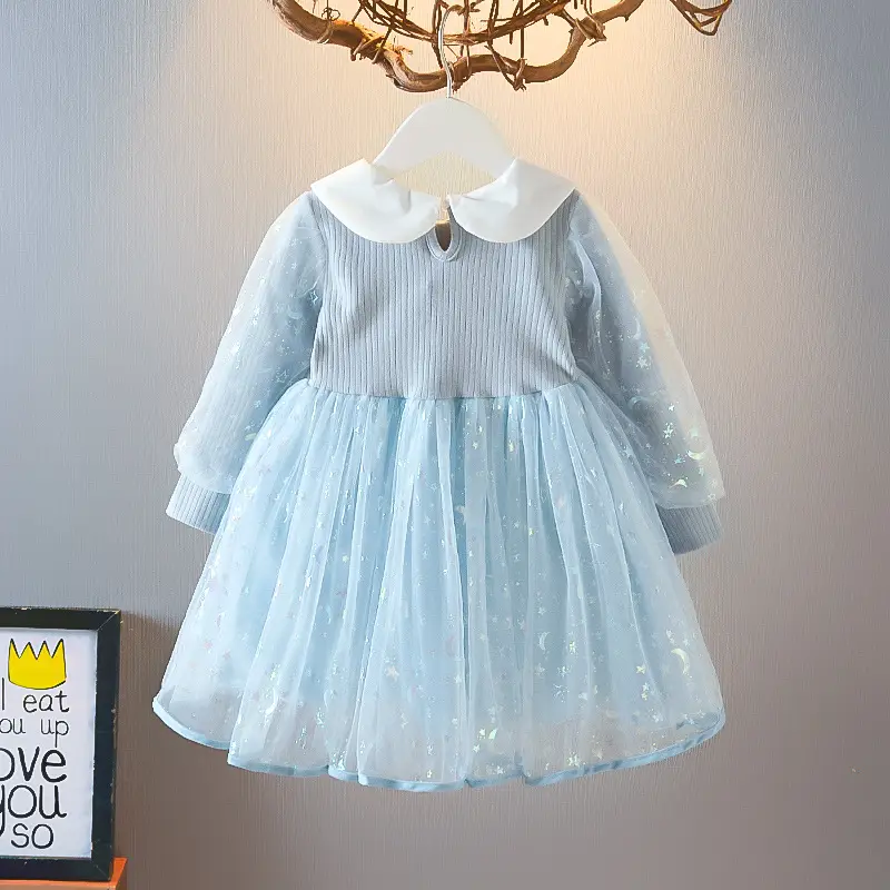 Elsa Princess Dress Blue Light 2021 Long Sleeve Puffy Veil Skirt - Image 5