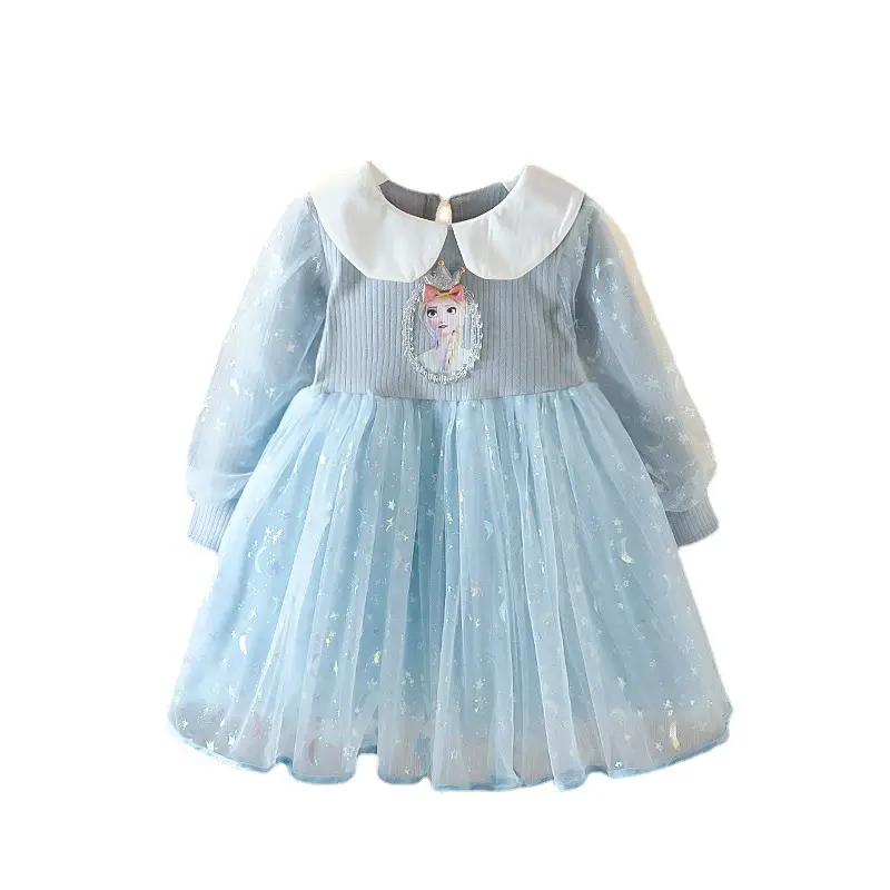 Elsa Princess Dress Blue Light 2021 Long Sleeve Puffy Veil Skirt - Image 7