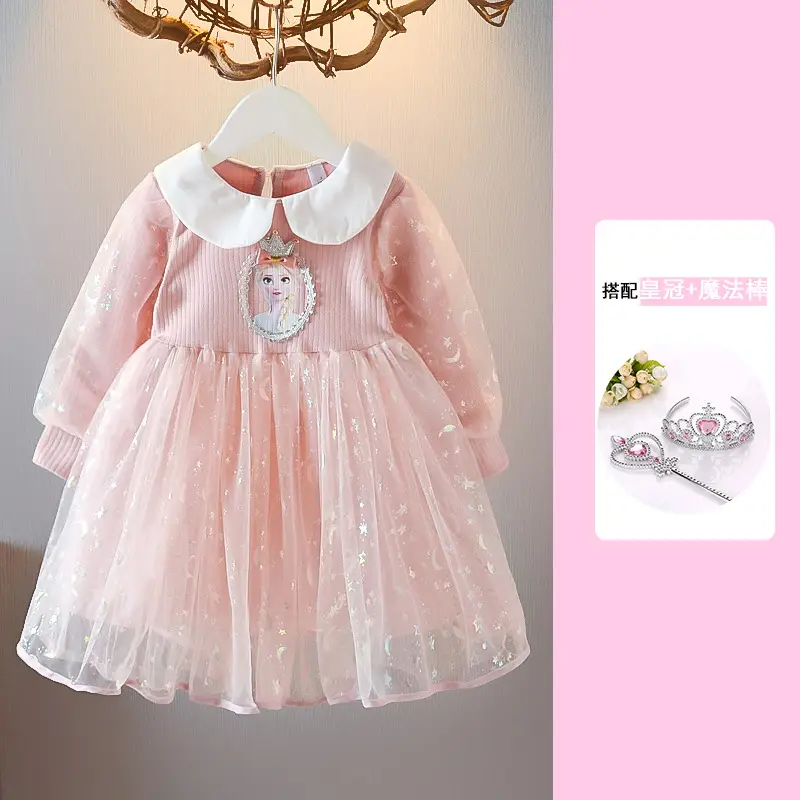 Elsa Princess Dress Blue Light 2021 Long Sleeve Puffy Veil Skirt - Image 3
