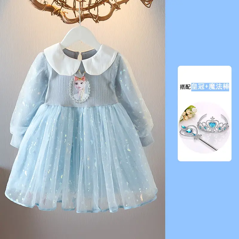 Elsa Princess Dress Blue Light 2021 Long Sleeve Puffy Veil Skirt - Image 4