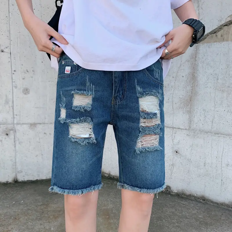 Men Ripped Denim Shorts with Frill Hem - Image 3