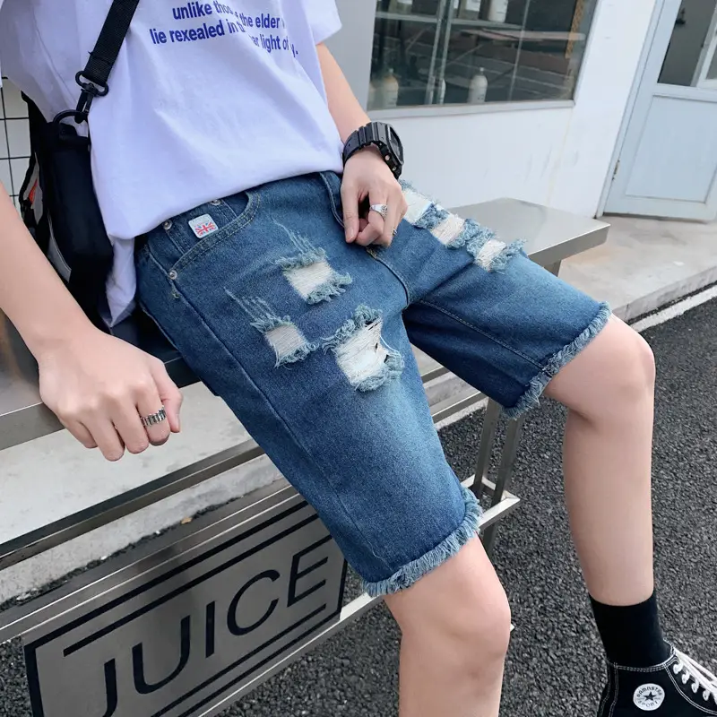 Men Ripped Denim Shorts with Frill Hem - Image 4