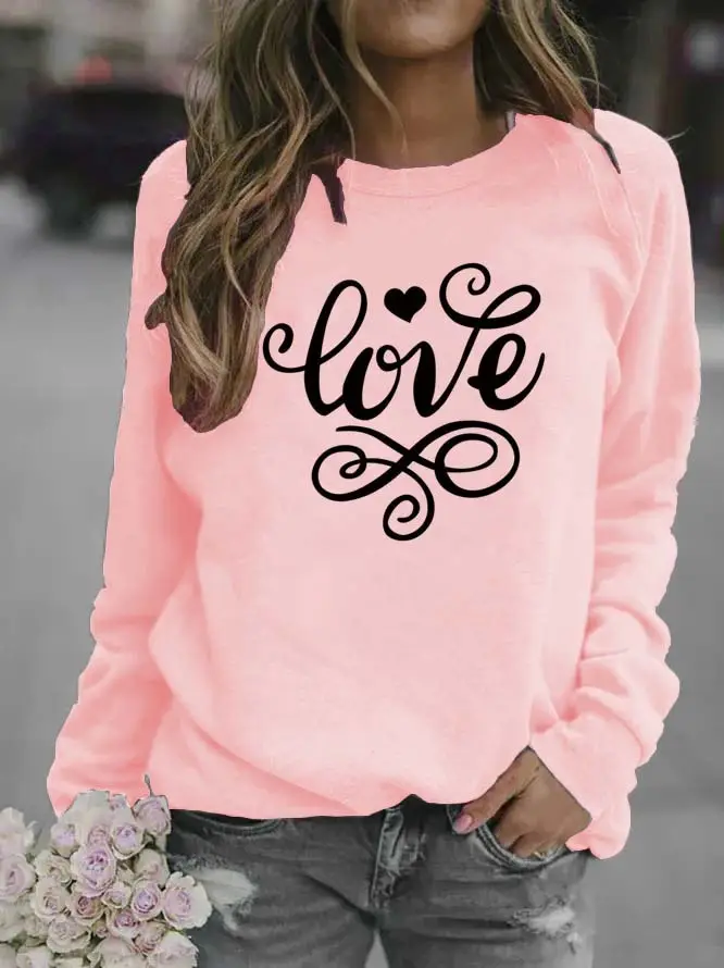 Women Red "Love" Swirl Sweatshirt Round Neck