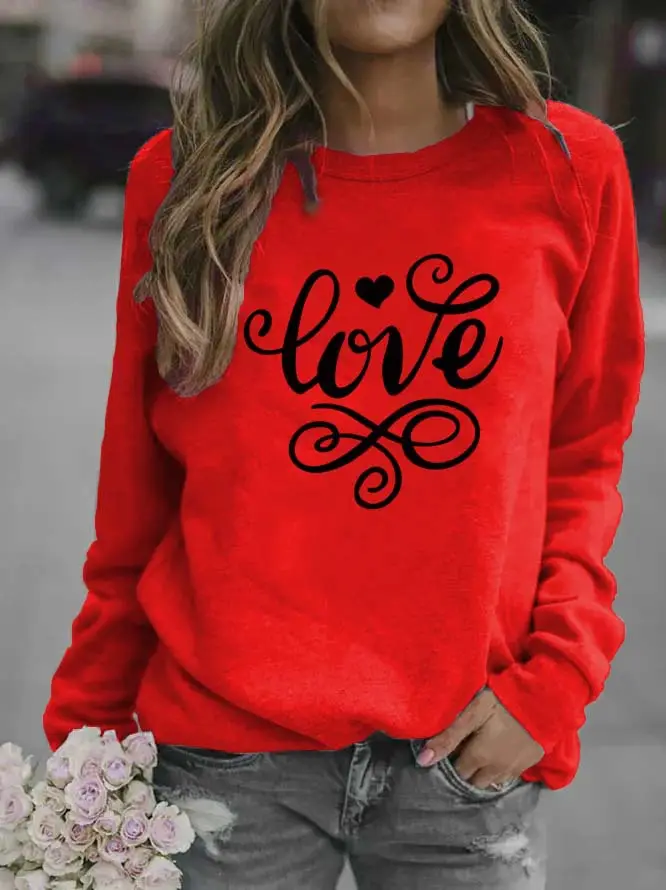 Women Red "Love" Swirl Sweatshirt Round Neck
