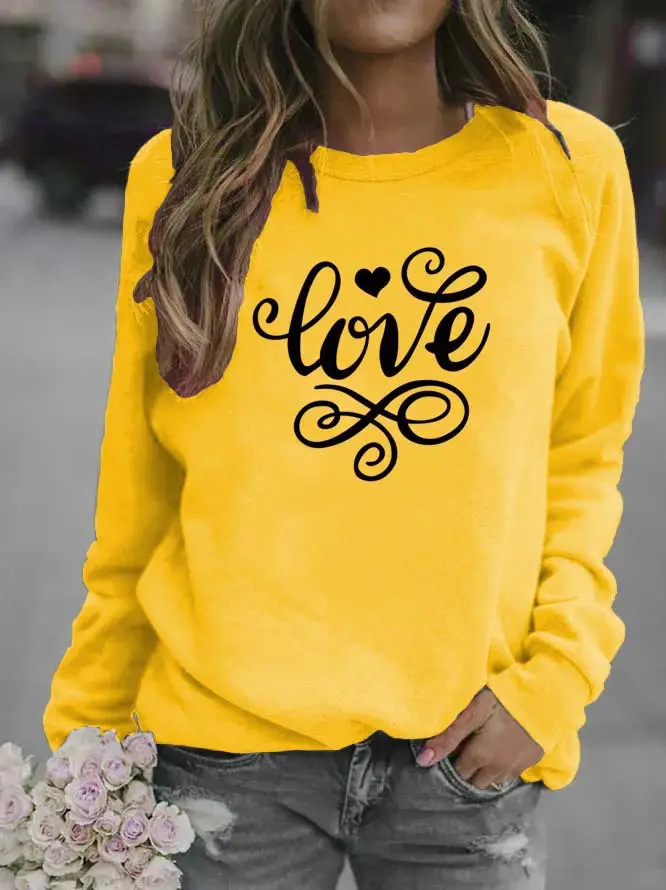 Women Red "Love" Swirl Sweatshirt Round Neck