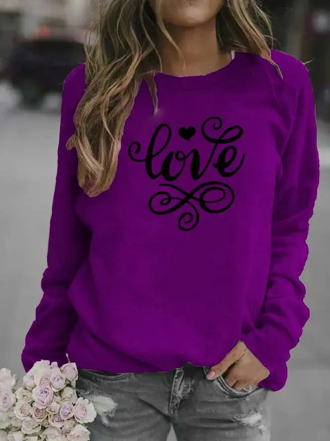 Women Red "Love" Swirl Sweatshirt Round Neck