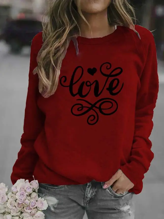 Women Red "Love" Swirl Sweatshirt Round Neck