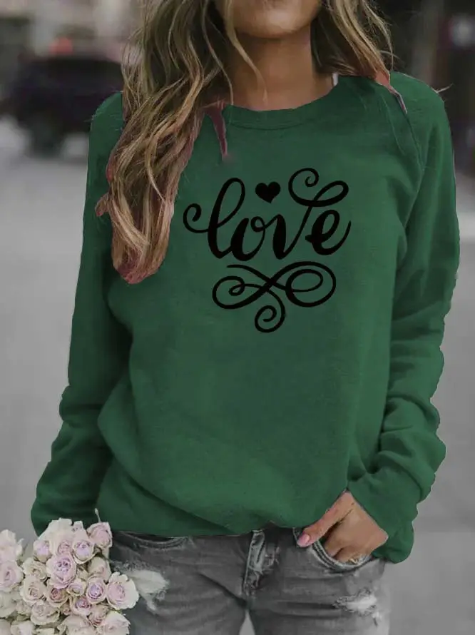 Women Red "Love" Swirl Sweatshirt Round Neck