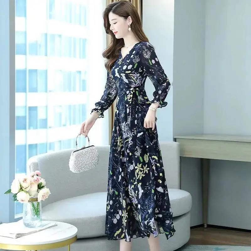 Ladies Floral Swing Skirt 2022 Spring Autumn Slim Bell Sleeve V Neck - Image 4