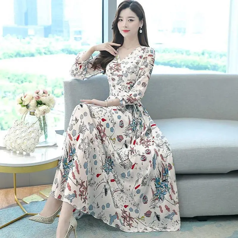 Ladies Floral Swing Skirt 2022 Spring Autumn Slim Bell Sleeve V Neck - Image 5