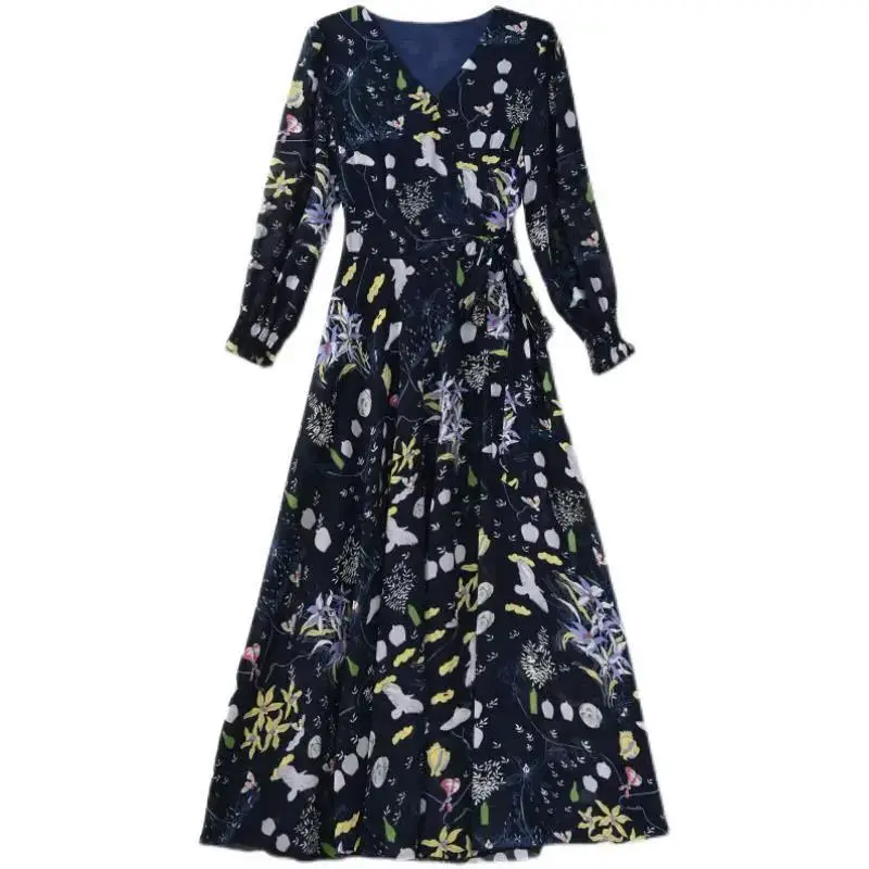 Ladies Floral Swing Skirt 2022 Spring Autumn Slim Bell Sleeve V Neck - Image 7