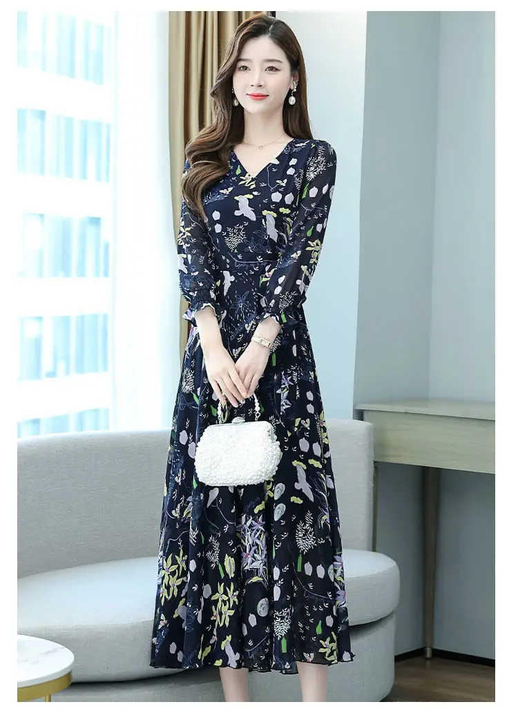 Ladies Floral Swing Skirt 2022 Spring Autumn Slim Bell Sleeve V Neck — feature 10