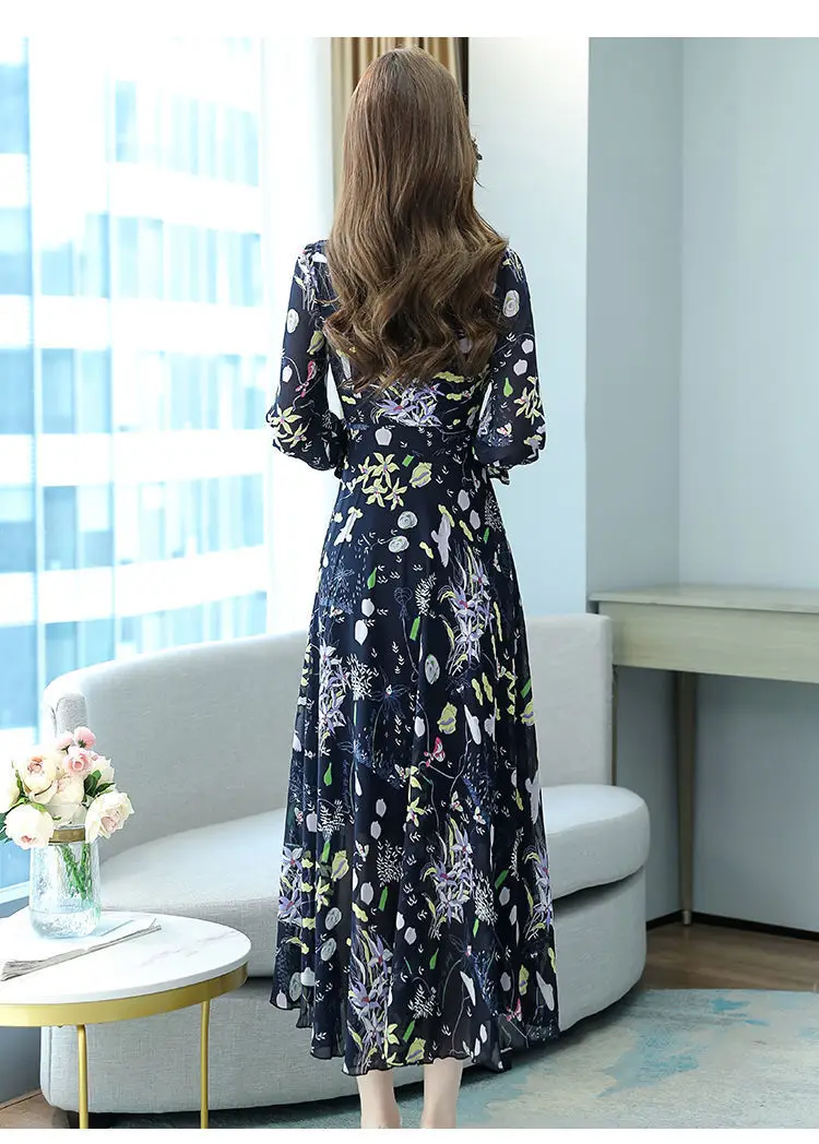 Ladies Floral Swing Skirt 2022 Spring Autumn Slim Bell Sleeve V Neck — feature 11