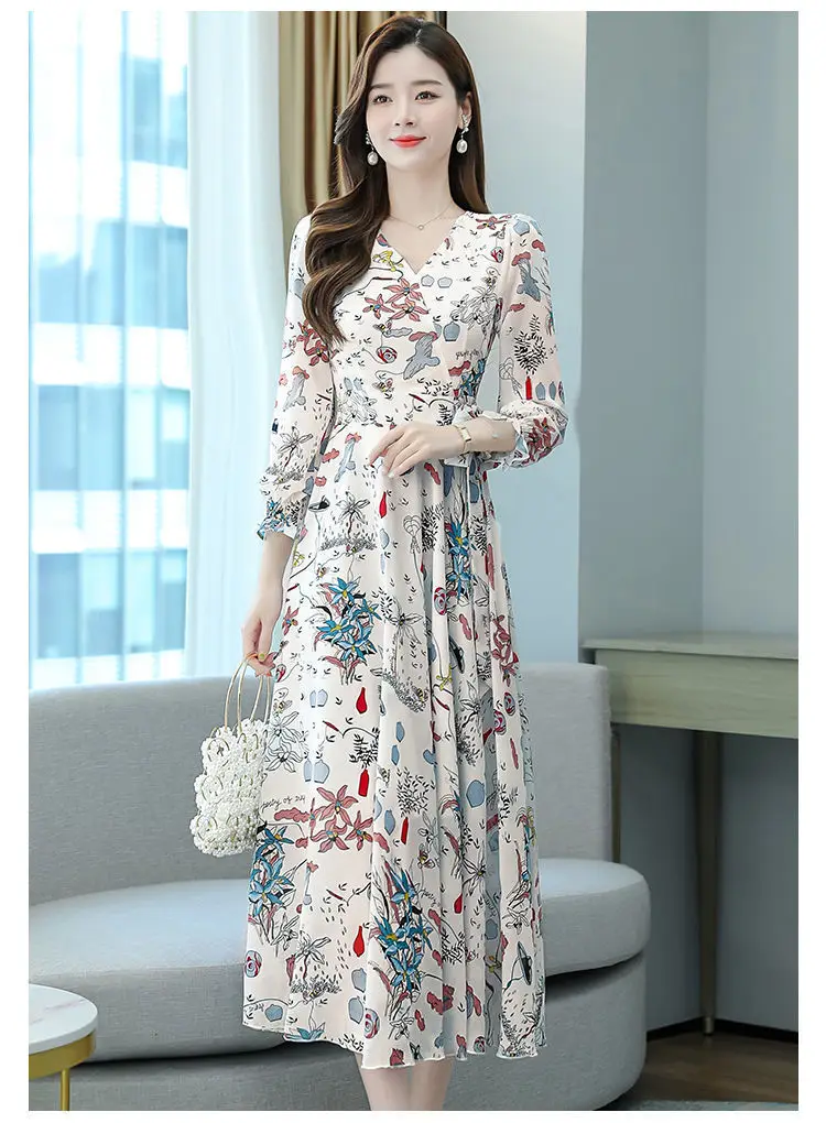 Ladies Floral Swing Skirt 2022 Spring Autumn Slim Bell Sleeve V Neck — feature 2