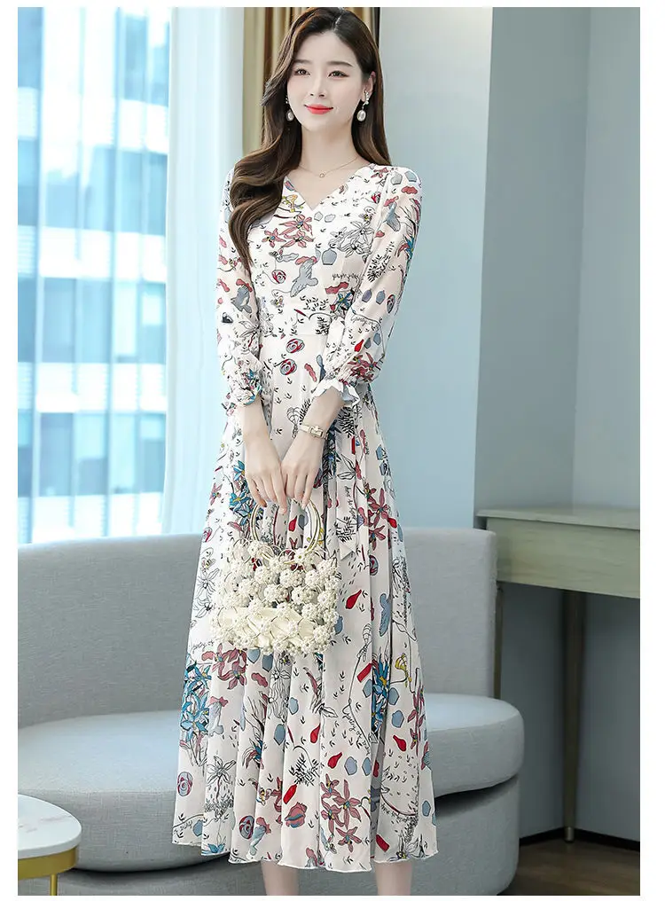 Ladies Floral Swing Skirt 2022 Spring Autumn Slim Bell Sleeve V Neck — feature 3