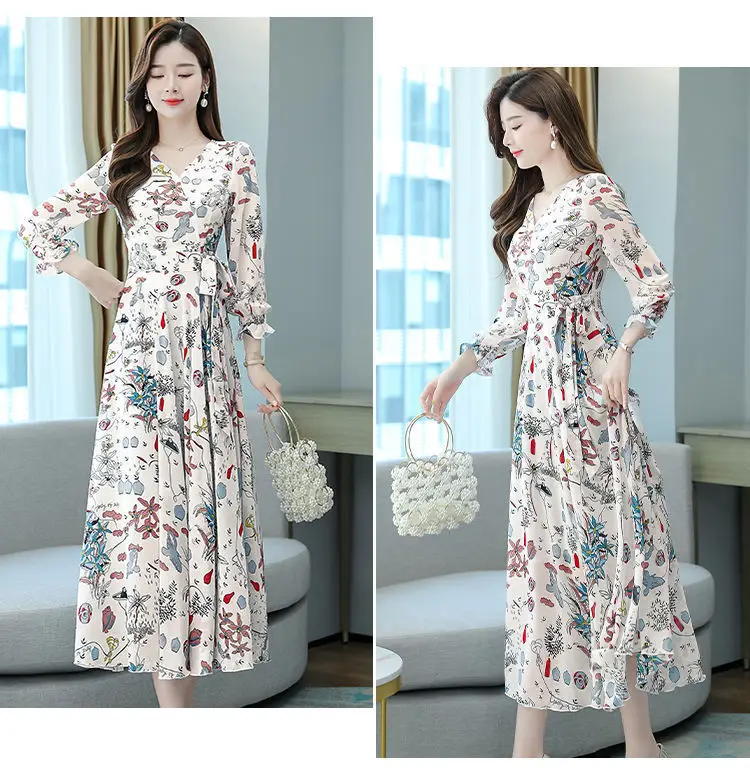 Ladies Floral Swing Skirt 2022 Spring Autumn Slim Bell Sleeve V Neck — feature 4
