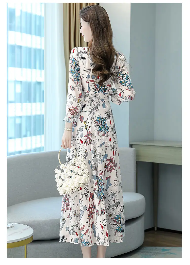 Ladies Floral Swing Skirt 2022 Spring Autumn Slim Bell Sleeve V Neck — feature 5