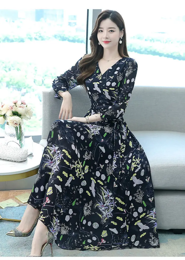 Ladies Floral Swing Skirt 2022 Spring Autumn Slim Bell Sleeve V Neck — feature 6