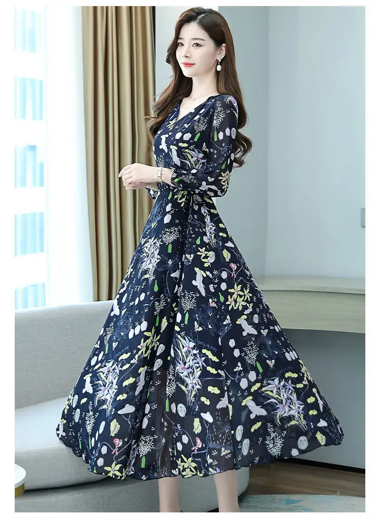 Ladies Floral Swing Skirt 2022 Spring Autumn Slim Bell Sleeve V Neck — feature 8
