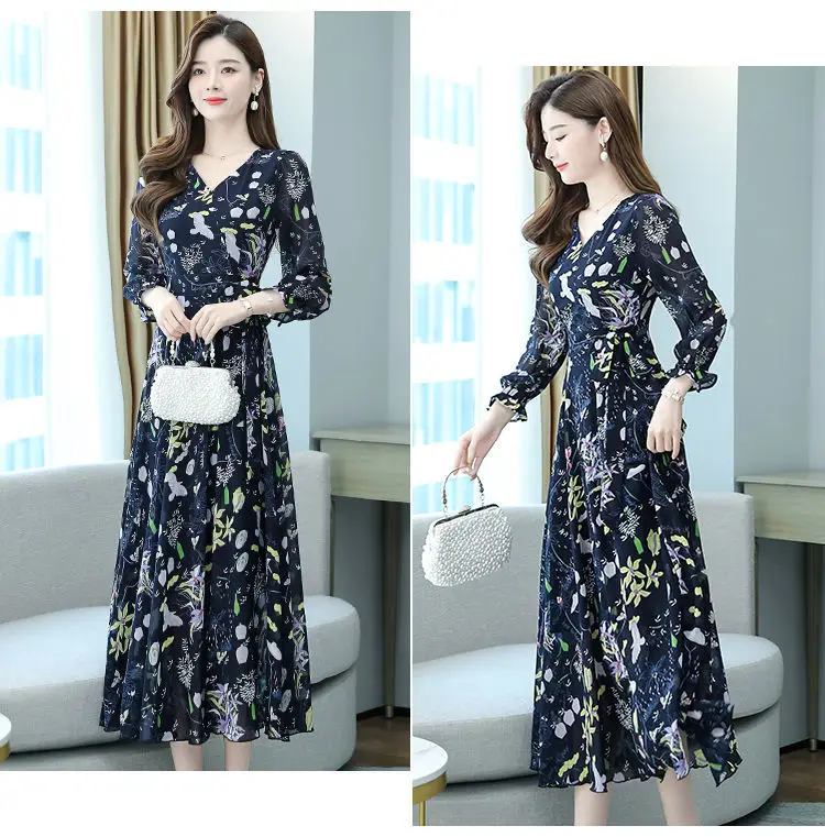 Ladies Floral Swing Skirt 2022 Spring Autumn Slim Bell Sleeve V Neck — feature 9