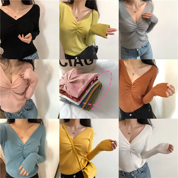 Women V-Neck Knitted Inner Top Long Sleeve Autumn Winter - Image 11