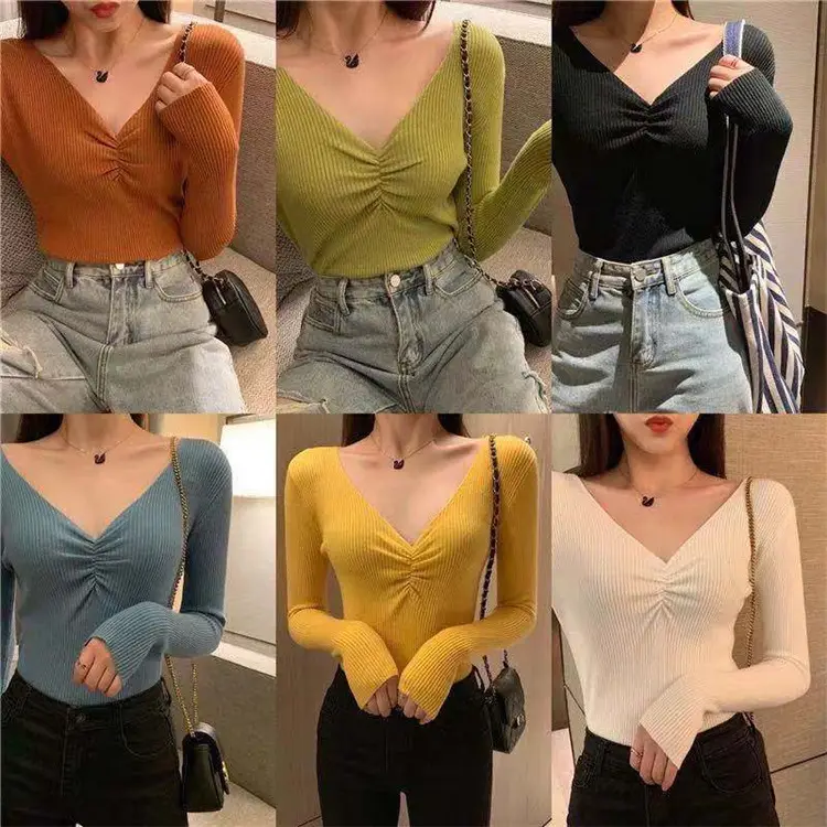 Women V-Neck Knitted Inner Top Long Sleeve Autumn Winter - Image 12