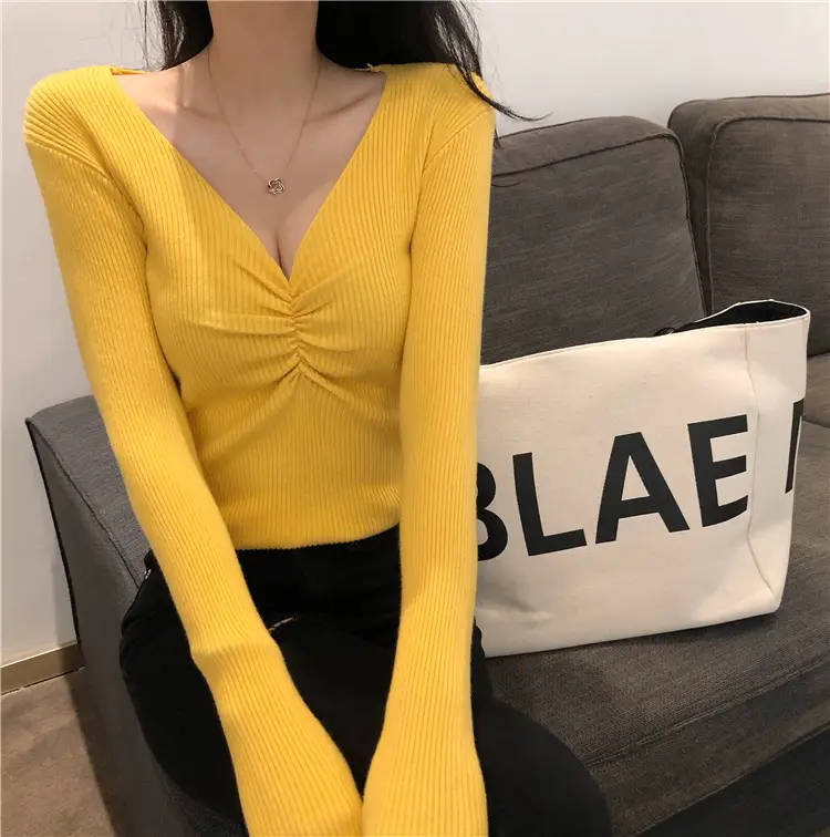 Women V-Neck Knitted Inner Top Long Sleeve Autumn Winter - Image 3