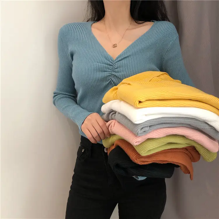 Women V-Neck Knitted Inner Top Long Sleeve Autumn Winter - Image 7