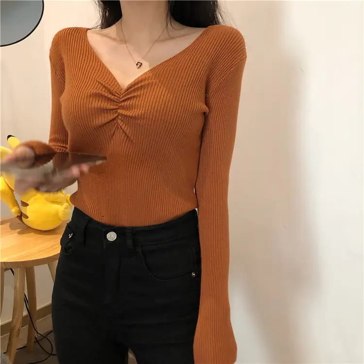 Women V-Neck Knitted Inner Top Long Sleeve Autumn Winter - Image 8