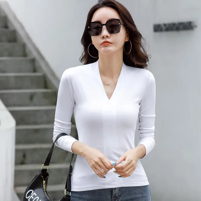 Women V-Neck Slim Fit Shirt Black Knitwear Autumn Winter - Image 4