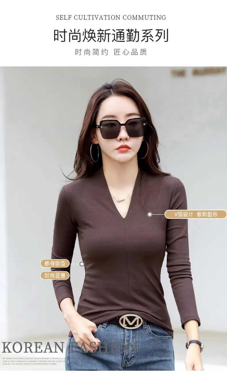 Women V-Neck Slim Fit Shirt Black Knitwear Autumn Winter — feature 13