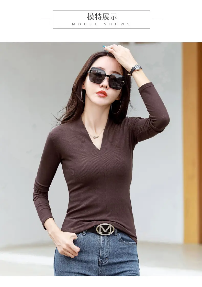 Women V-Neck Slim Fit Shirt Black Knitwear Autumn Winter — feature 17