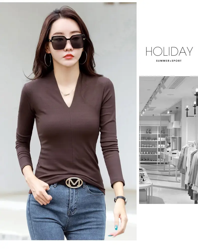 Women V-Neck Slim Fit Shirt Black Knitwear Autumn Winter — feature 21