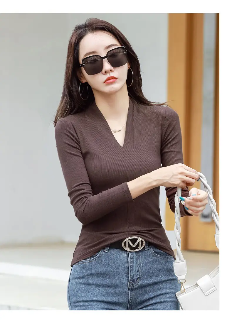Women V-Neck Slim Fit Shirt Black Knitwear Autumn Winter — feature 23