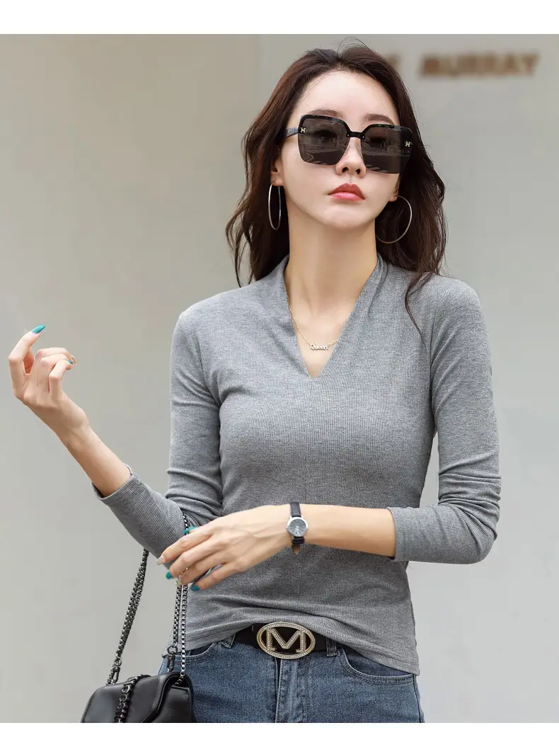 Women V-Neck Slim Fit Shirt Black Knitwear Autumn Winter — feature 25