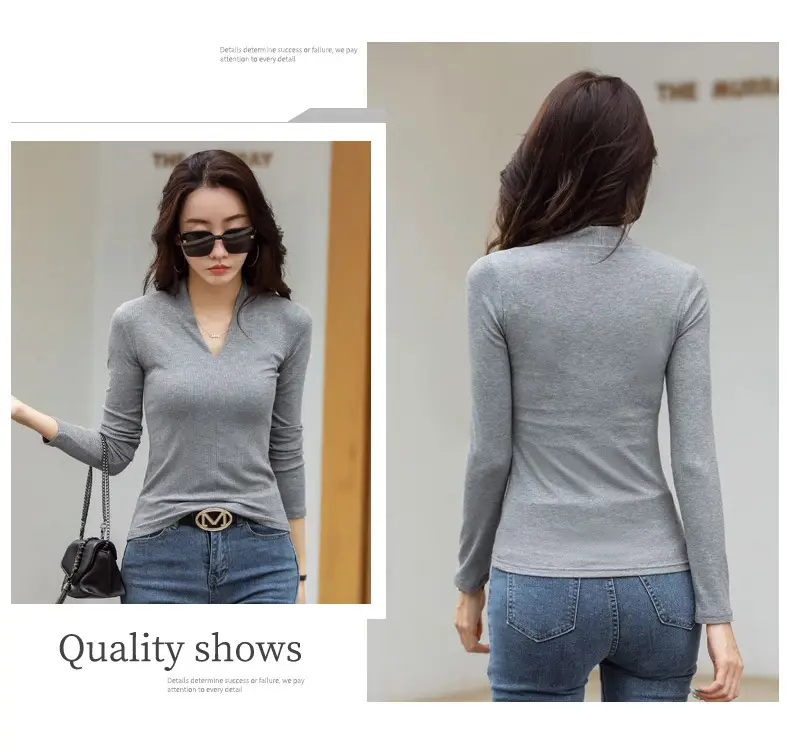 Women V-Neck Slim Fit Shirt Black Knitwear Autumn Winter — feature 26