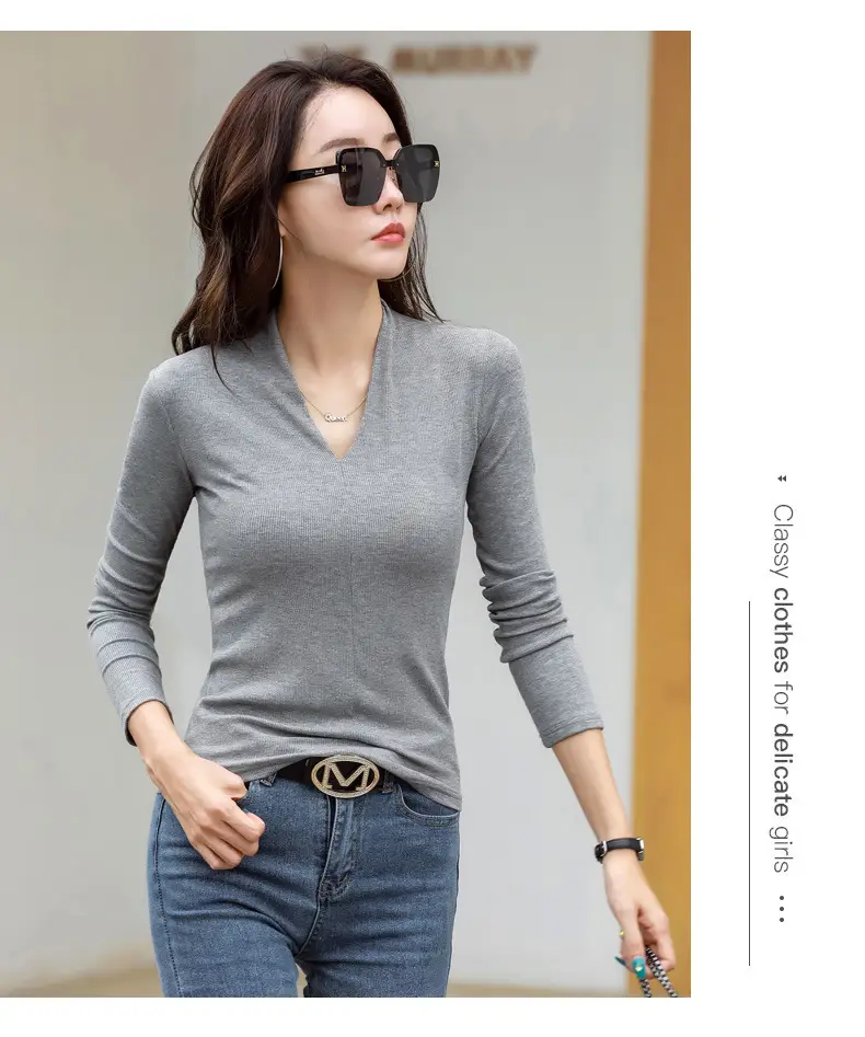 Women V-Neck Slim Fit Shirt Black Knitwear Autumn Winter — feature 27