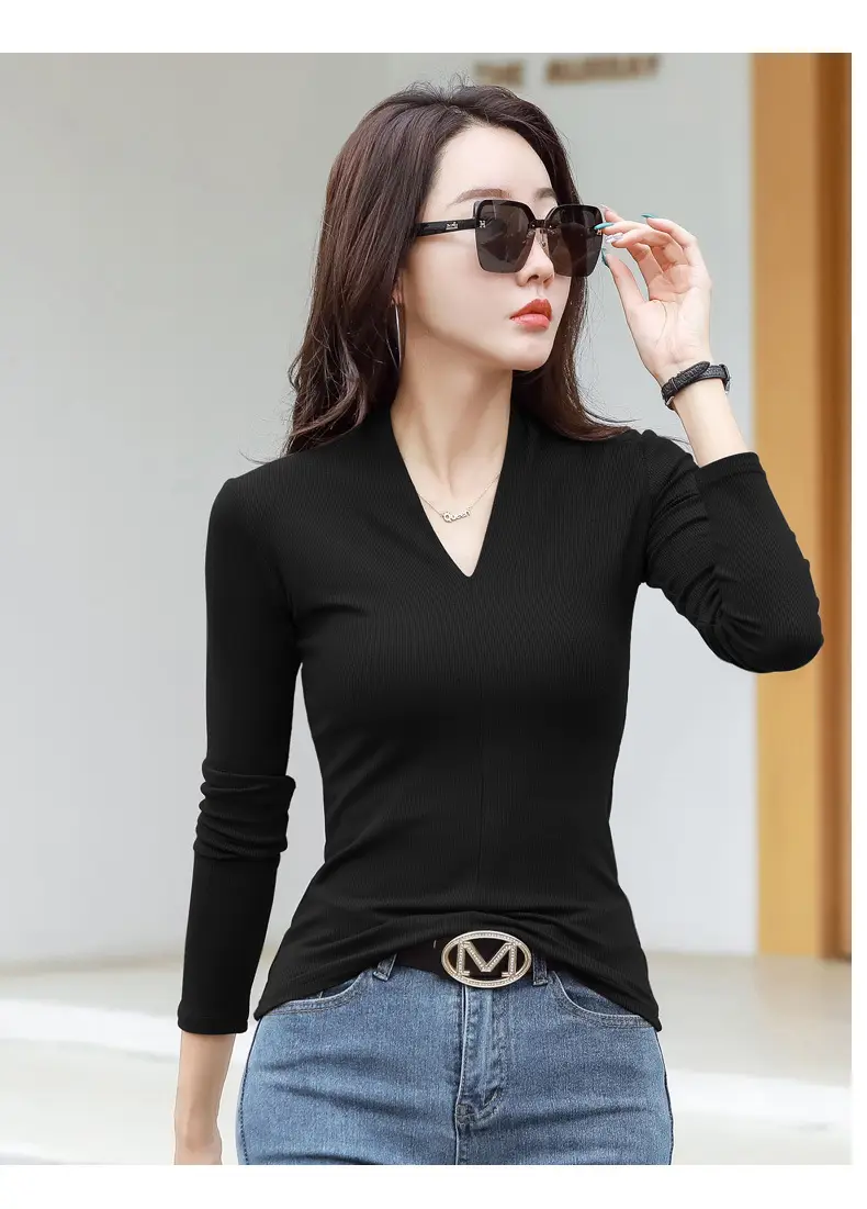 Women V-Neck Slim Fit Shirt Black Knitwear Autumn Winter — feature 31