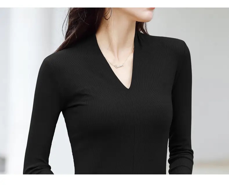 Women V-Neck Slim Fit Shirt Black Knitwear Autumn Winter — feature 32