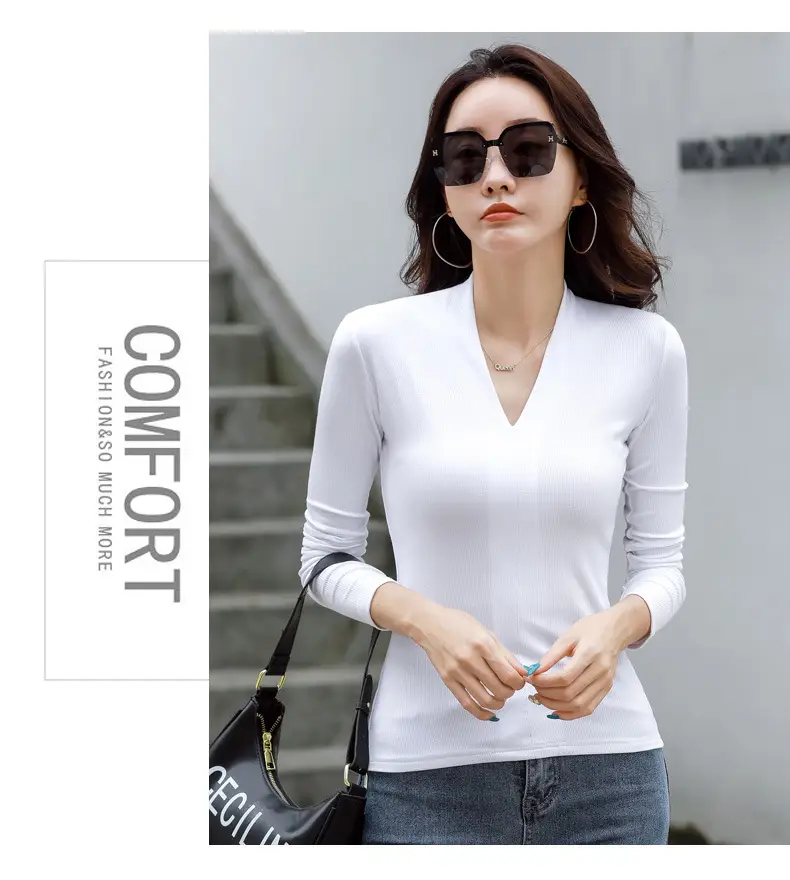 Women V-Neck Slim Fit Shirt Black Knitwear Autumn Winter — feature 34