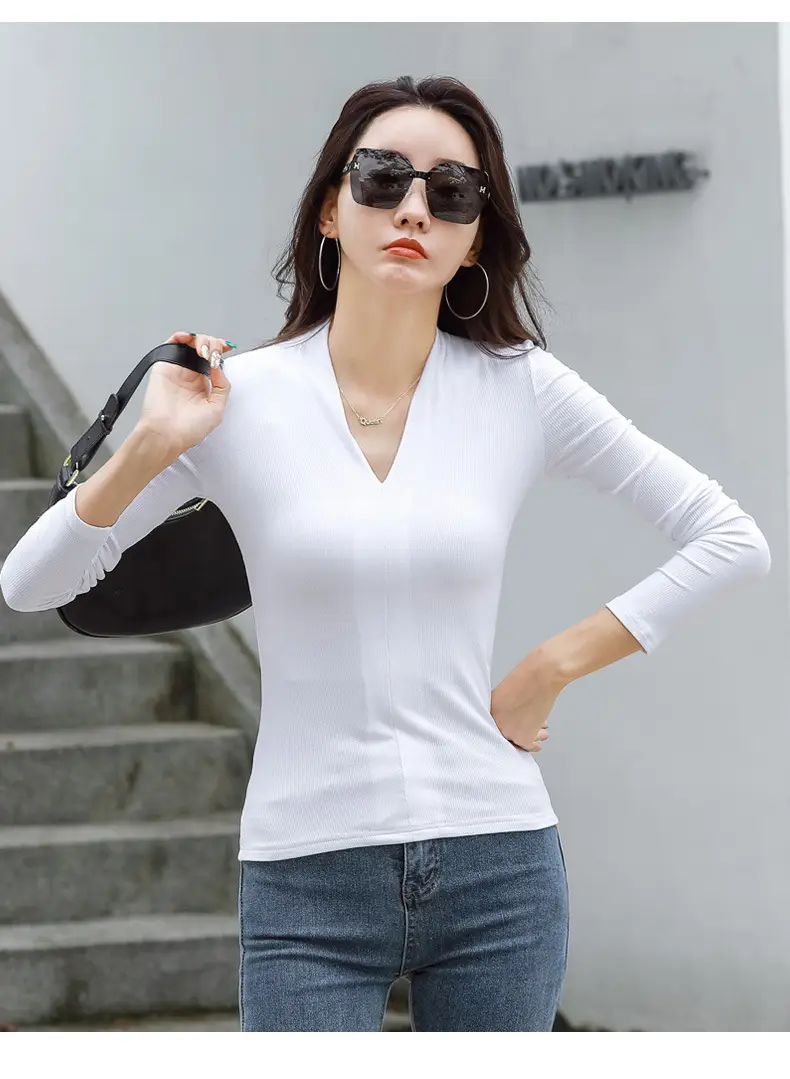 Women V-Neck Slim Fit Shirt Black Knitwear Autumn Winter — feature 36