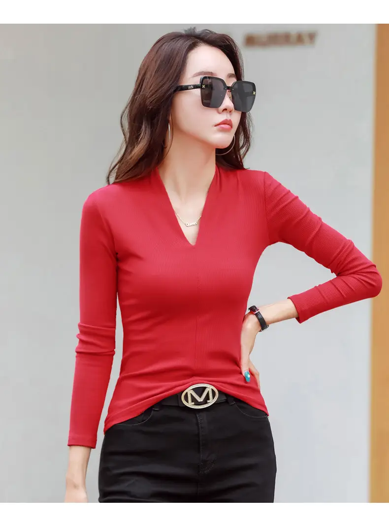 Women V-Neck Slim Fit Shirt Black Knitwear Autumn Winter — feature 39