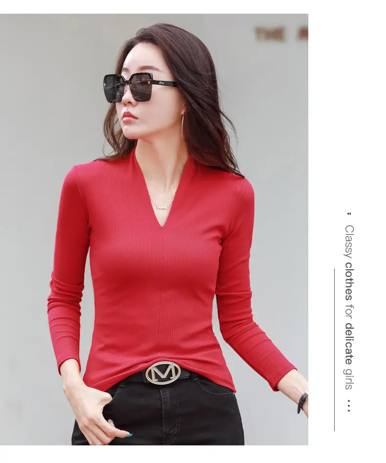 Women V-Neck Slim Fit Shirt Black Knitwear Autumn Winter — feature 40