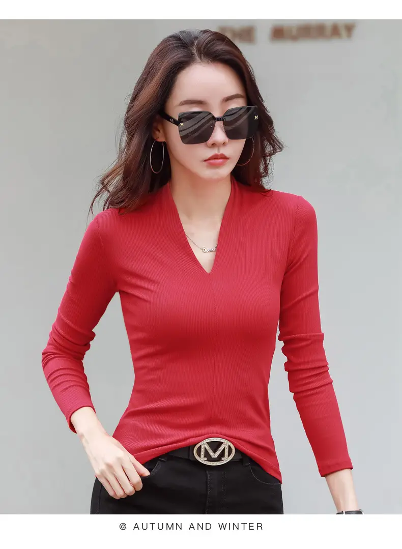 Women V-Neck Slim Fit Shirt Black Knitwear Autumn Winter — feature 41