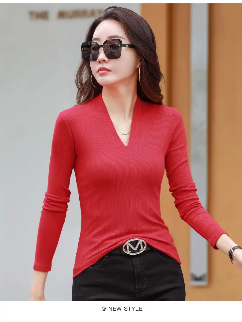 Women V-Neck Slim Fit Shirt Black Knitwear Autumn Winter — feature 42