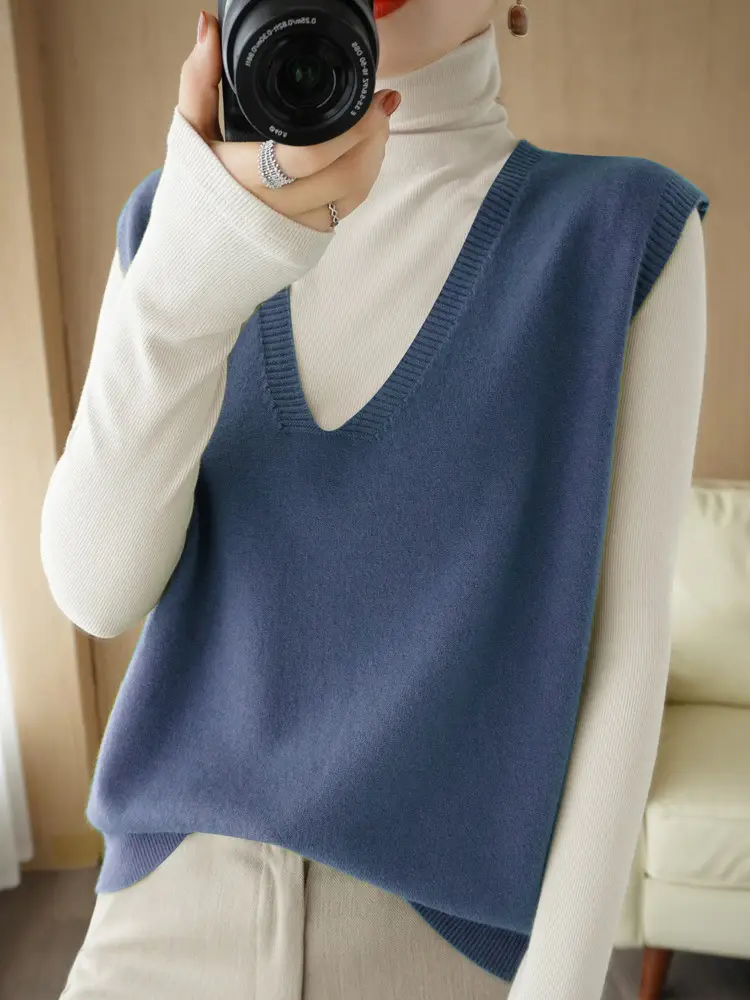 Women Wool Knitted Sleeveless Vest Tan Korean Style - Image 10