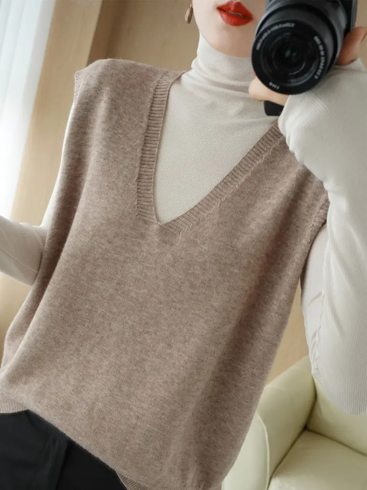 Women Wool Knitted Sleeveless Vest Tan Korean Style - Image 11