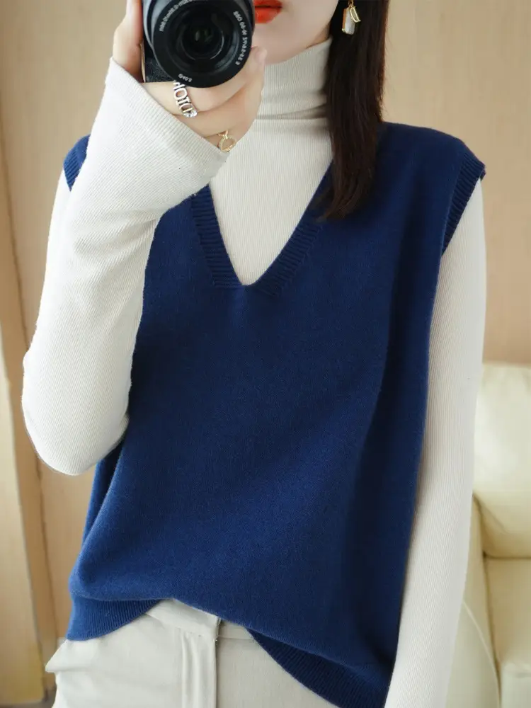 Women Wool Knitted Sleeveless Vest Tan Korean Style - Image 12